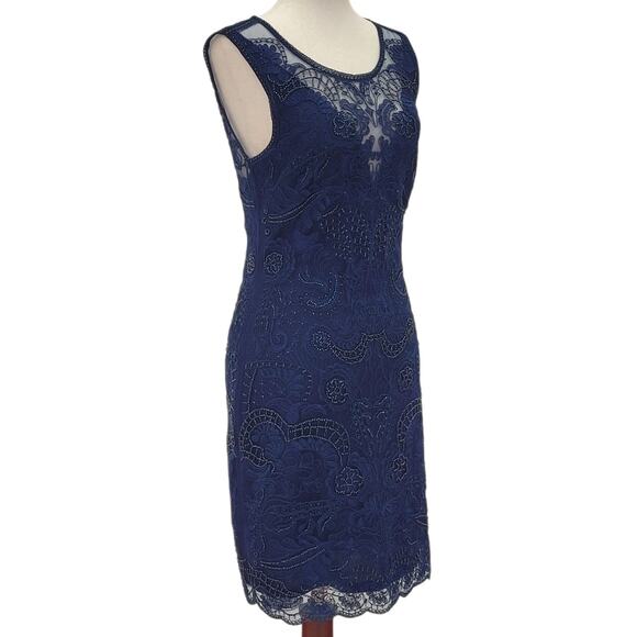 NWT Women's Navy Blue Scoop Neck Short Dress with Beautiful Detailed Overlay - Picture 2 of 6